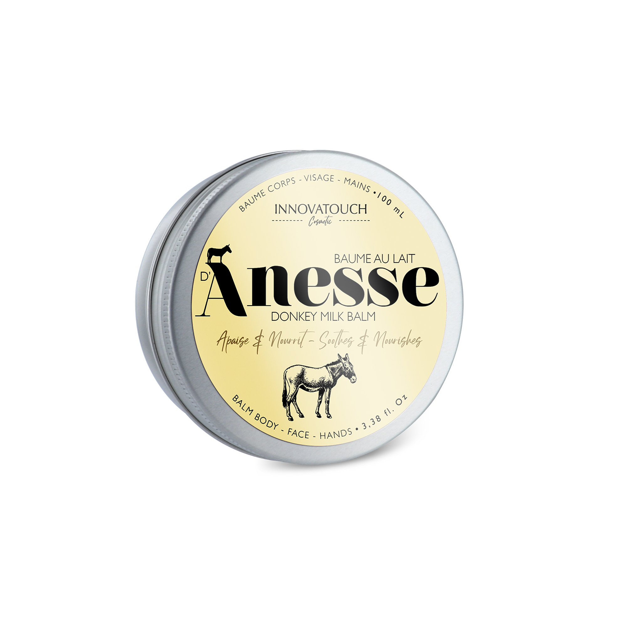 baume au lait d'ânesse Innovatouch Cosmetic de 100 ml avec étiquette jaune et illustration d'âne, indiquant une utilisation pour le corps, le visage et les mains, apaisant et nourrissant